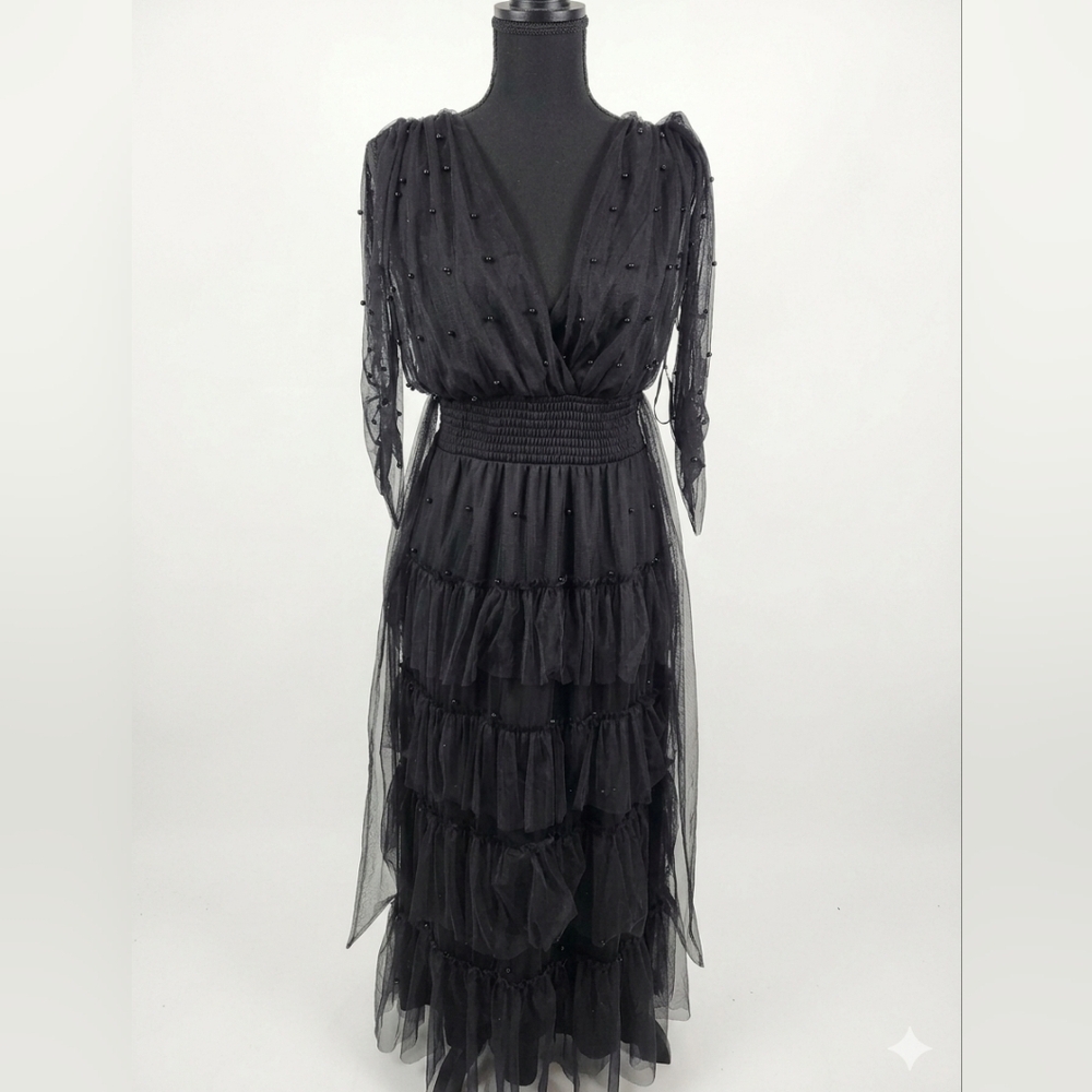 Lena elegant Black Tiered with beads sleeveless dress. New condition!